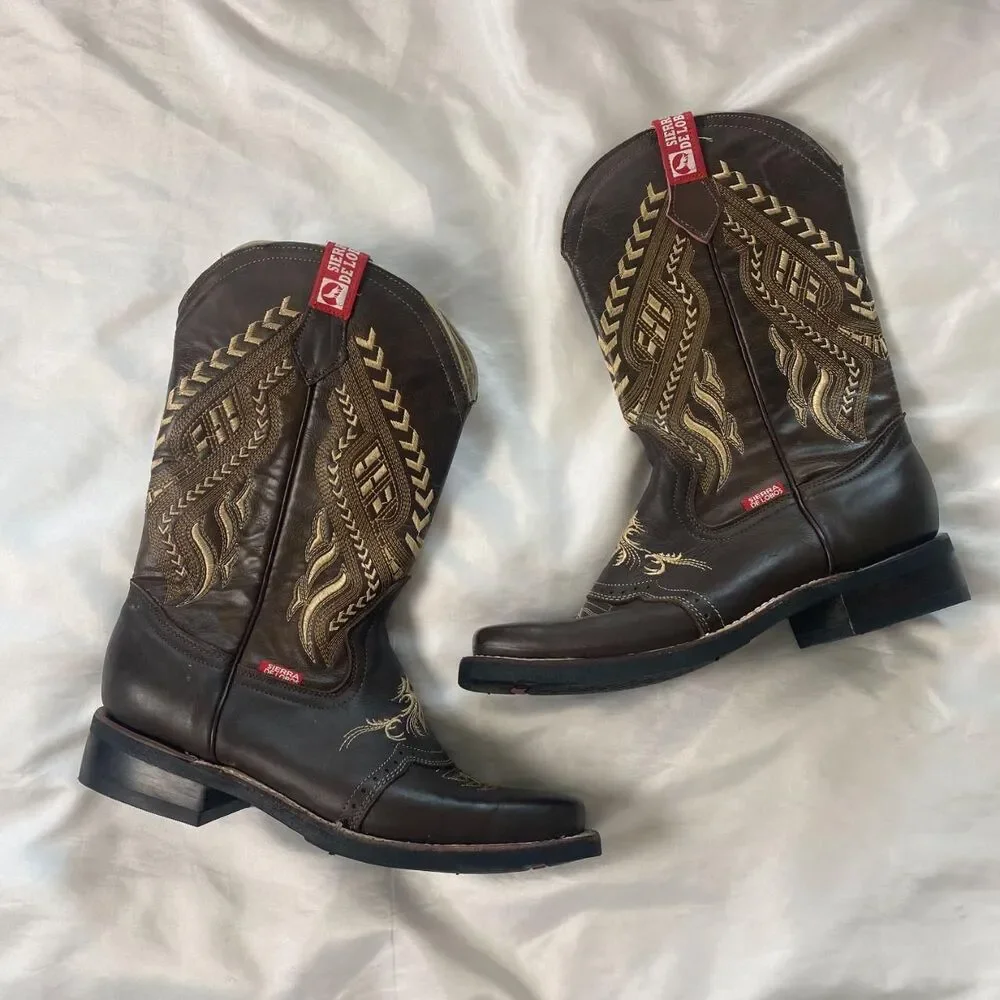New Sierra De Lobos Leather Cowboy Boots Brown Square Toe Western Ranch Men 10.5